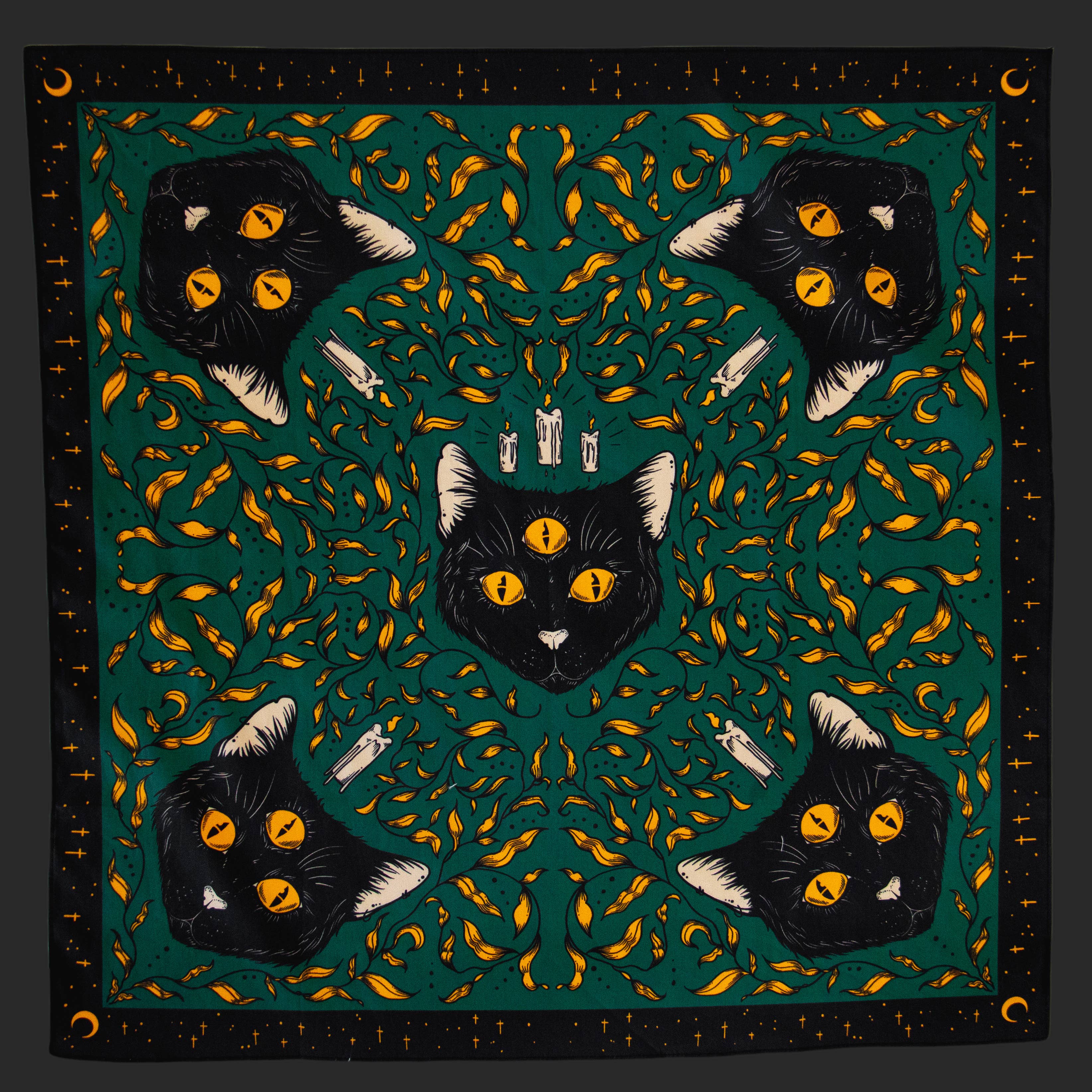 Witchy Black Cat Altar Cloth, Wall Hanging, Bandana: Green