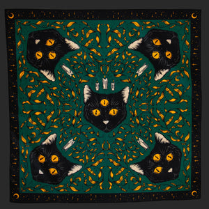 Witchy Black Cat Altar Cloth, Wall Hanging, Bandana: Green