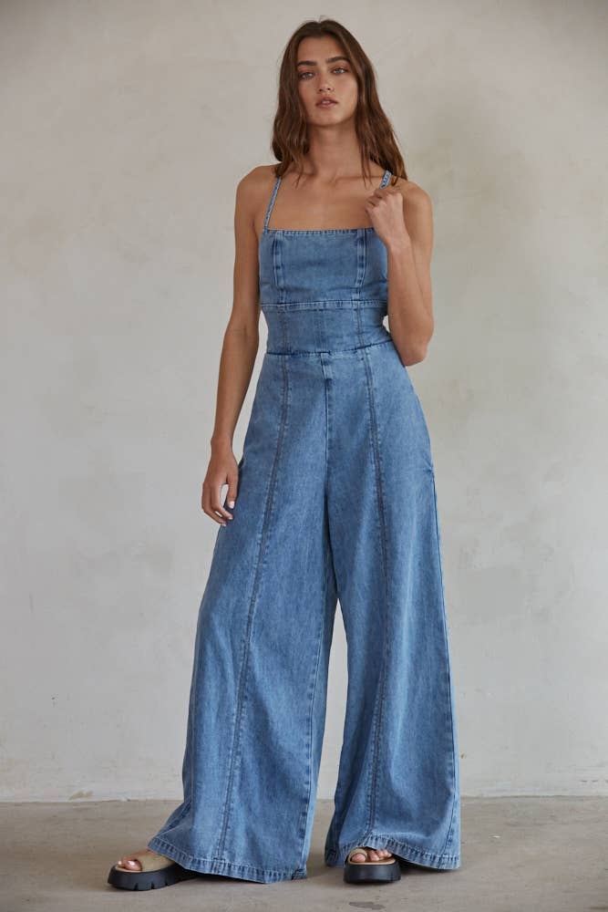 BD292 | Denim Cotton Square Neck Wide Leg Jumpsuit