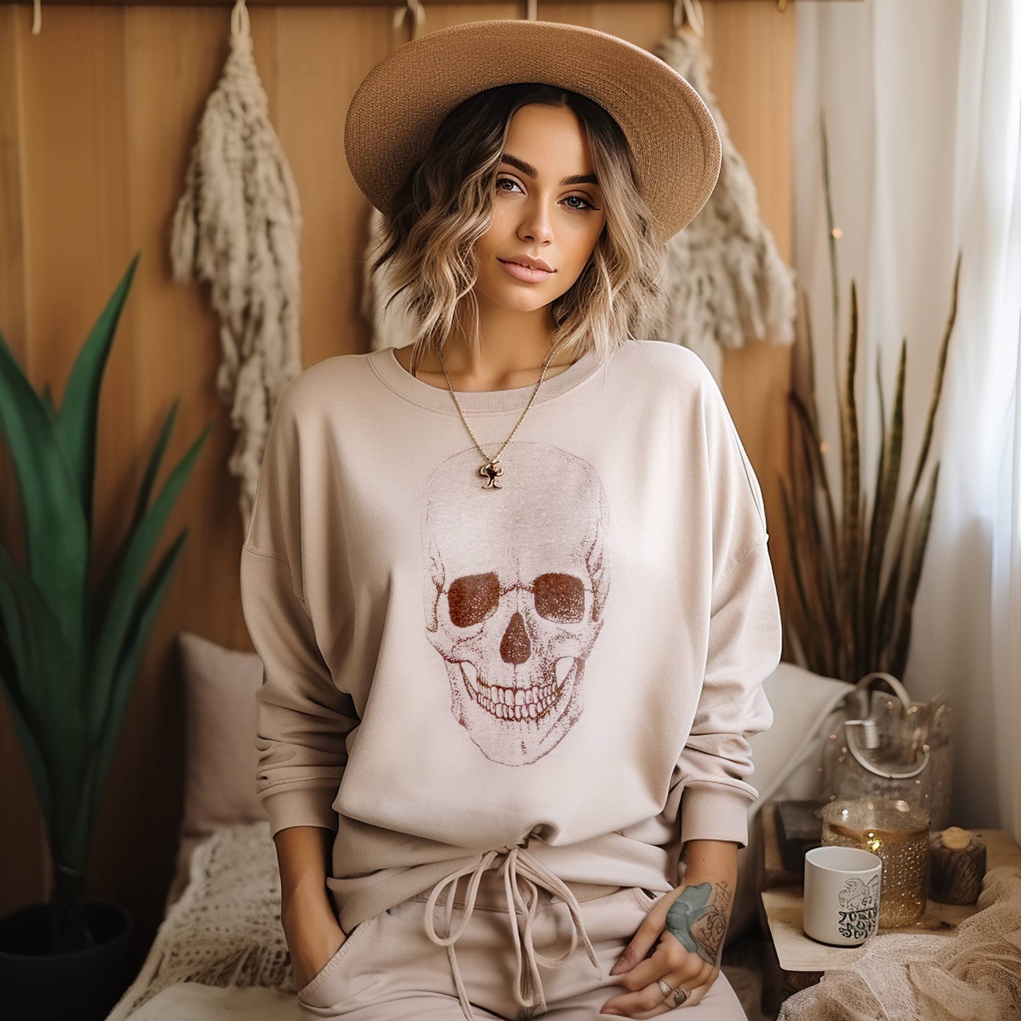 Beige Skull Goth Sweater Skeleton Sweatshirt