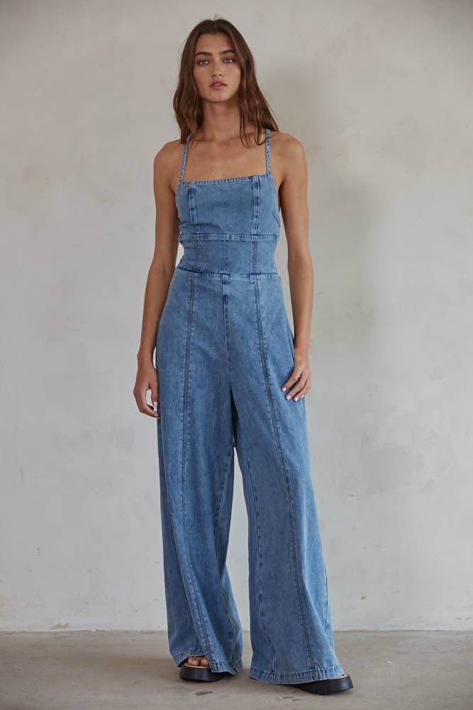 BD292 | Denim Cotton Square Neck Wide Leg Jumpsuit