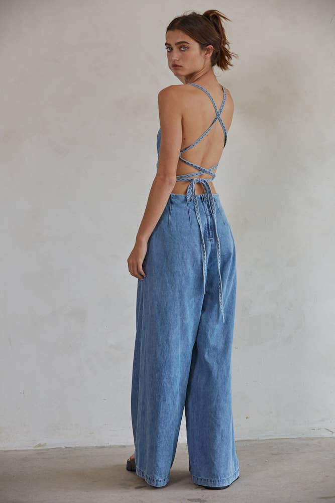 BD292 | Denim Cotton Square Neck Wide Leg Jumpsuit