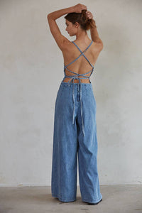 BD292 | Denim Cotton Square Neck Wide Leg Jumpsuit